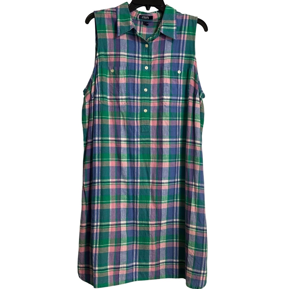 Chaps Denim‎ Womens 2X Plaid Sleeveless Shirt Dress Green Blue Pink Cotton Blend
